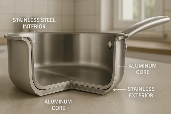 Tri‑ply stainless steel saucepan cut‑away