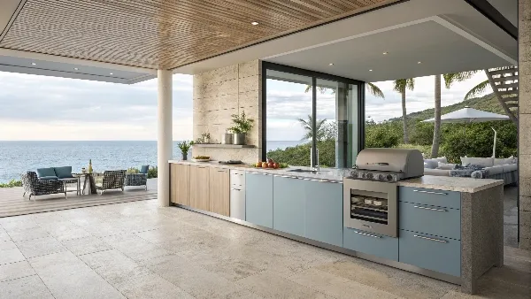 Color‑matched powder‑coated 316 cabinets in a seafront villa